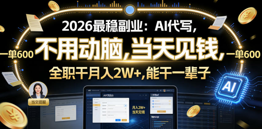 2026最稳副业：AI代写，不用动脑，当天见钱，一单600，全职干月入2W+，能干一辈子【揭秘】-52网创