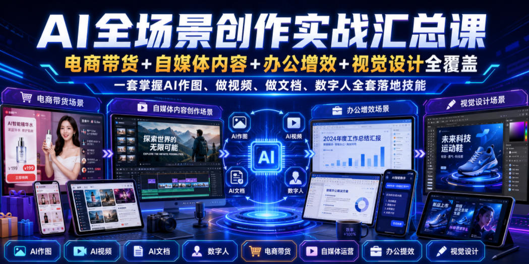 AI全场景创作实战汇总课｜电商带货+自媒体内容+办公增效+视觉设计全覆盖，一套掌握AI作图、做视频、做文档、数字人全套落地技能-52网创