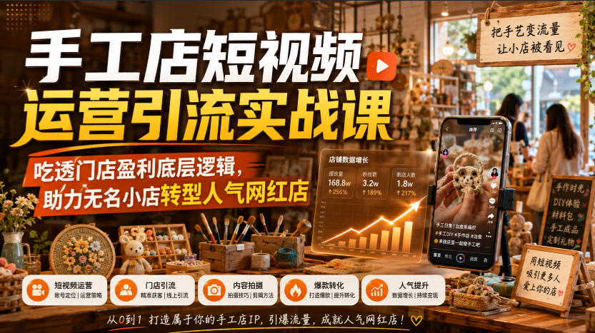 手工店短视频运营引流实战课，吃透门店盈利底层逻辑，助力无名小店转型人气网红店-52网创