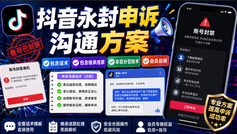 抖音永封申诉沟通方案，包含话术，包含继承违禁，非百分百技术，会员自测-52网创
