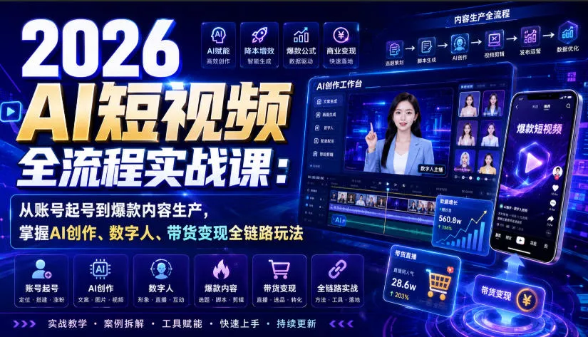 2026 AI短视频全流程实战课：从账号起号到爆款内容生产，掌握AI创作、数字人、带货变现全链路玩法-52网创