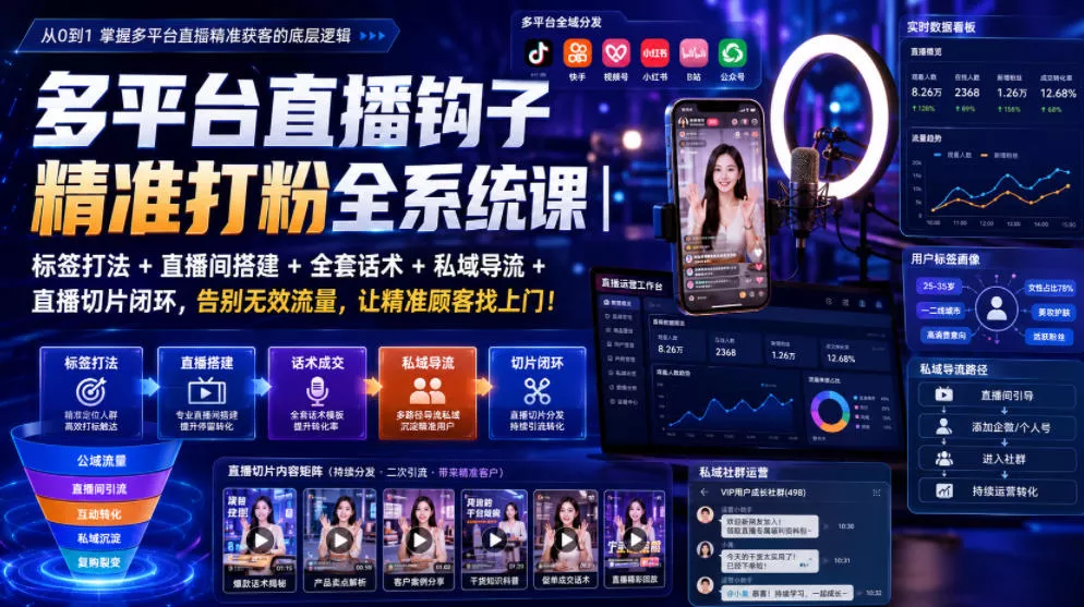 多平台直播钩子精准打粉全系统课｜标签打法+直播间搭建+全套话术+私域导流+直播切片闭环，告别无效流量，让精准顾客找上门！ - 52网创-52网创