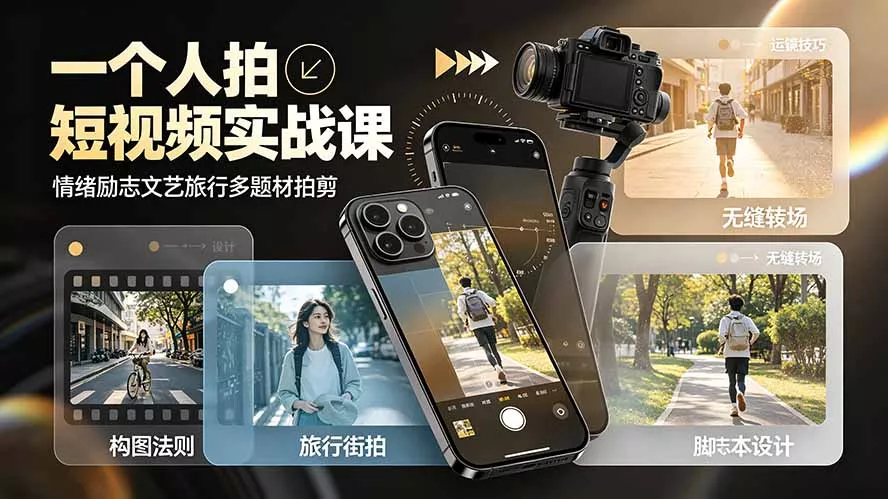 一个人拍短视频实战课：情绪励志文艺旅行多题材×五大景别×黄金构图×八大运镜，从拍摄到成片高效创作 - 52网创-52网创