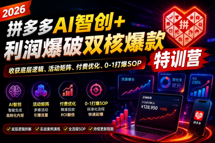 2026拼多多AI智创+利润爆破双核爆款特训营，收获底层逻辑、活动矩阵、付费优化、0-1打爆SOP（更新0810） - 52网创-52网创
