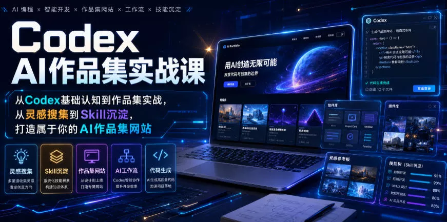 Codex AI作品集实战课，从Codex基础认知到作品集实战，从灵感搜集到Skill沉淀，打造属于你的AI作品集网站 - 52网创-52网创
