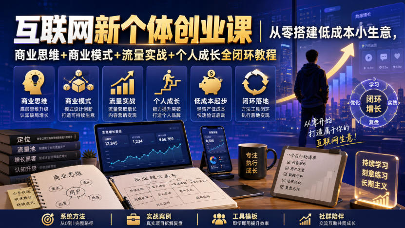 互联网新个体创业课｜从零搭建低成本小生意，商业思维+商业模式+流量实战+个人成长全闭环教程 - 52网创-52网创