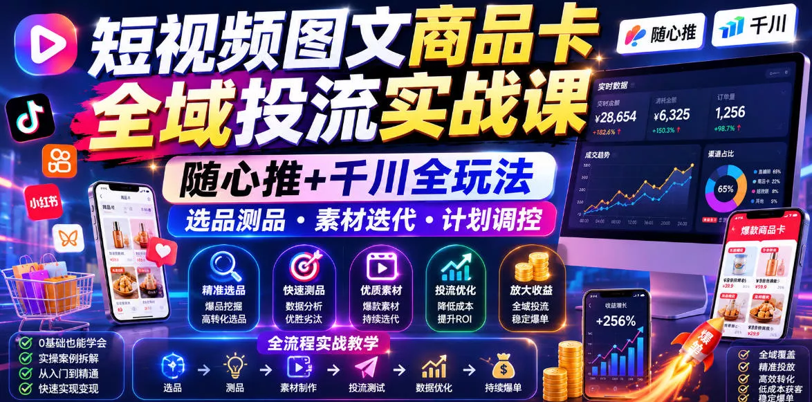 短视频图文商品卡全域投流实战课，随心推+千川全玩法，选品测品・素材迭代・计划调控，提升ROI爆单增收教程 - 52网创-52网创