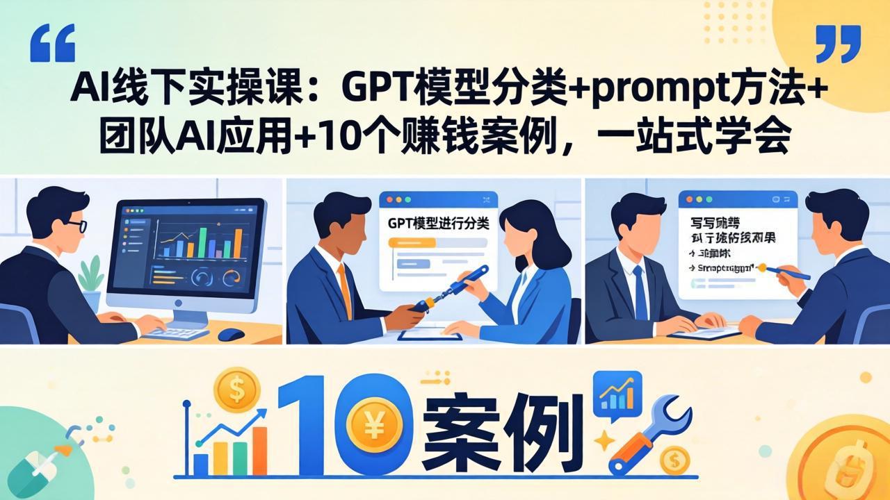 AI线下实操课：GPT模型分类+prompt方法+团队AI应用+10个赚钱案例，一站式学会-52网创