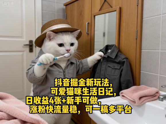 抖音掘金新玩法，可爱猫咪生活日记，日收益4张+新手可做，涨粉快流量稳，可一稿多平台 - 52网创-52网创