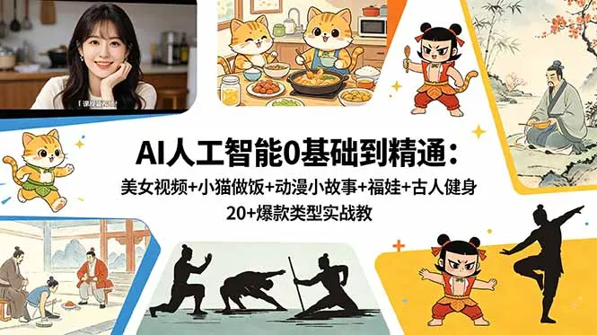 AI人工智能0基础到精通：美女视频+小猫做饭+动漫小故事+福娃+古人健身，20+爆款类型实战教学 - 52网创-52网创
