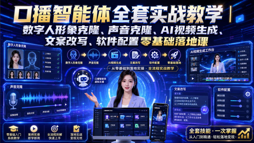 口播智能体全套实战教学｜数字人形象克隆、声音克隆、AI视频生成、文案改写、软件配置零基础落地课 - 52网创-52网创