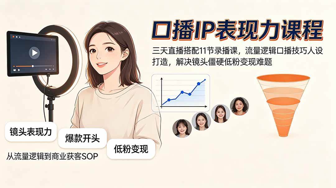 （19604期）口播IP表现力课程｜三天直播搭配11节录播课，流量逻辑口播技巧人设打造，解决镜头僵硬低粉变现难题-52网创