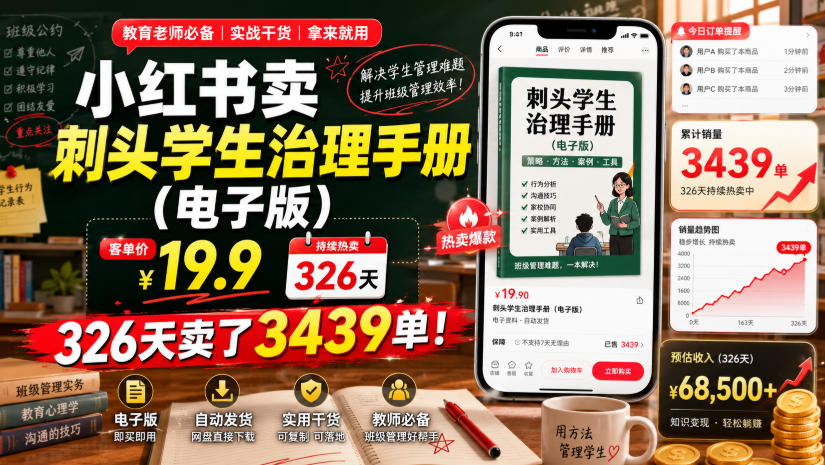 小红书卖刺头学生治理手册（电子版），客单价19.9，326天卖了3439单！ - 52网创-52网创