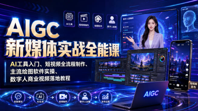 AIGC新媒体实战全能课｜AI工具入门、短视频全流程制作、主流绘图软件实操、数字人商业视频落地教程 - 52网创-52网创