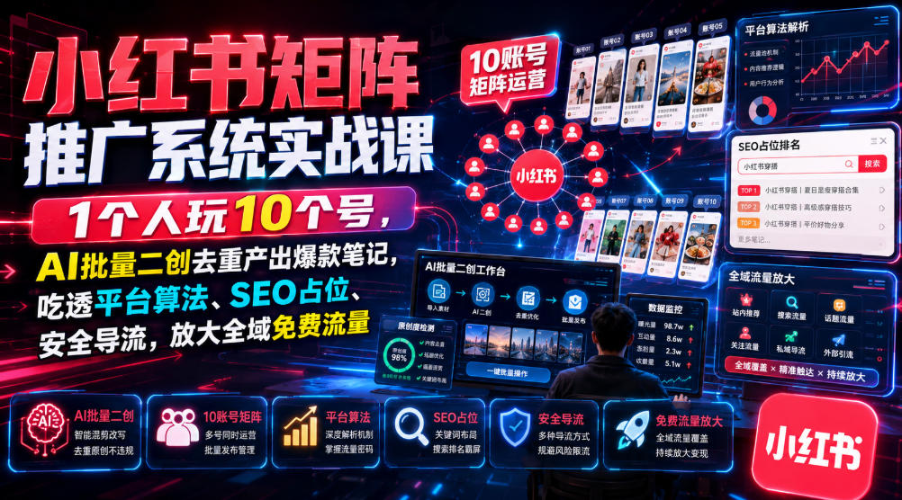 小红书矩阵推广系统实战课｜1个人玩10个号，AI批量二创去重产出爆款笔记，吃透平台算法、SEO占位、安全导流，放大全域免费流量 - 52网创-52网创