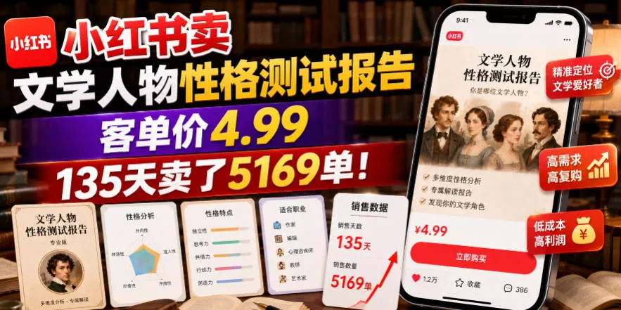 小红书卖文学人物性格测试报告，客单价4.99，135天卖了5169单！ - 52网创-52网创