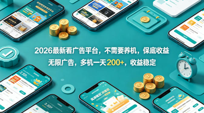 2026最新看广告平台，不需要养机，保底收益，无限广告，多机一天200+，收益稳定【揭秘】-52网创