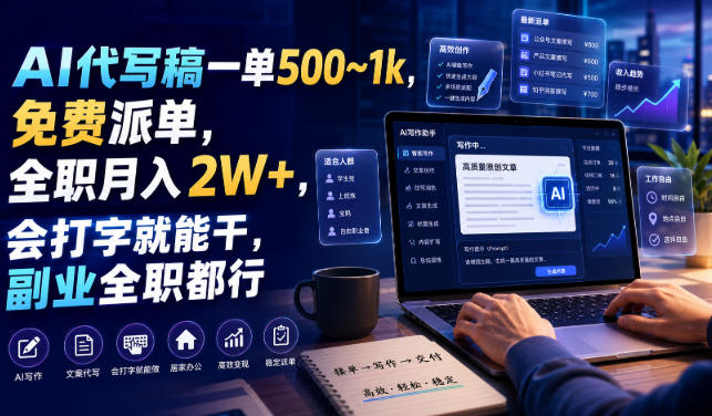 AI代写稿一单500~1k，免费派单，全职月入2W+，会打字就能干，副业全职都行【揭秘】 - 52网创-52网创