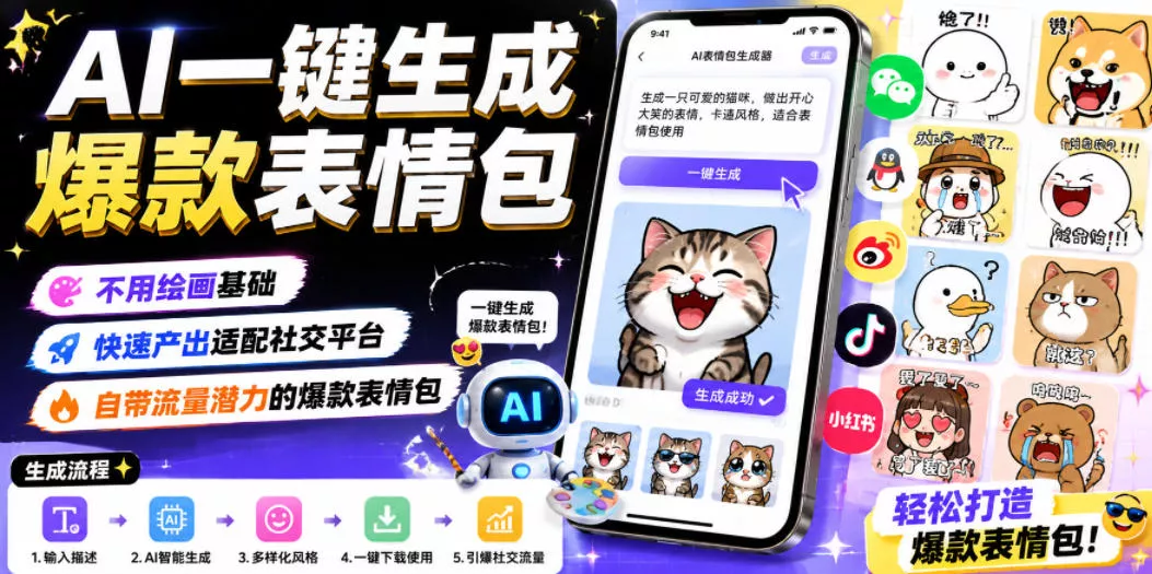 AI一键生成爆款表情包，不用绘画基础，快速产出适配社交平台，自带流量潜力的爆款表情包-52网创