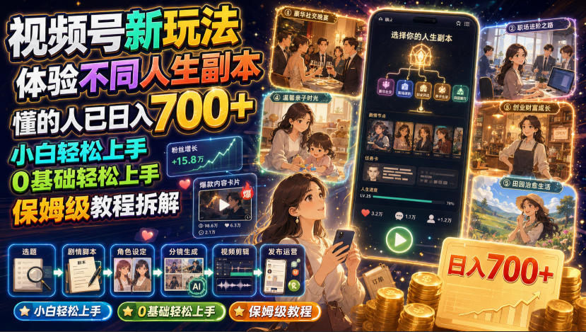 视频号新玩法体验不同人生副本，懂的人已日入700+，小白轻松上手，0基础轻松上手，保姆级教程拆解 - 52网创-52网创