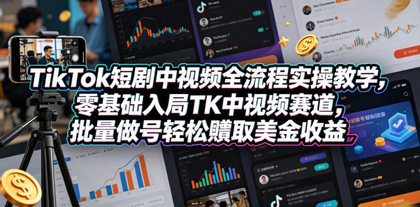 TikTok短剧中视频全流程实操教学，零基础入局TK中视频赛道，批量做号轻松賺取美金收益 - 52网创-52网创