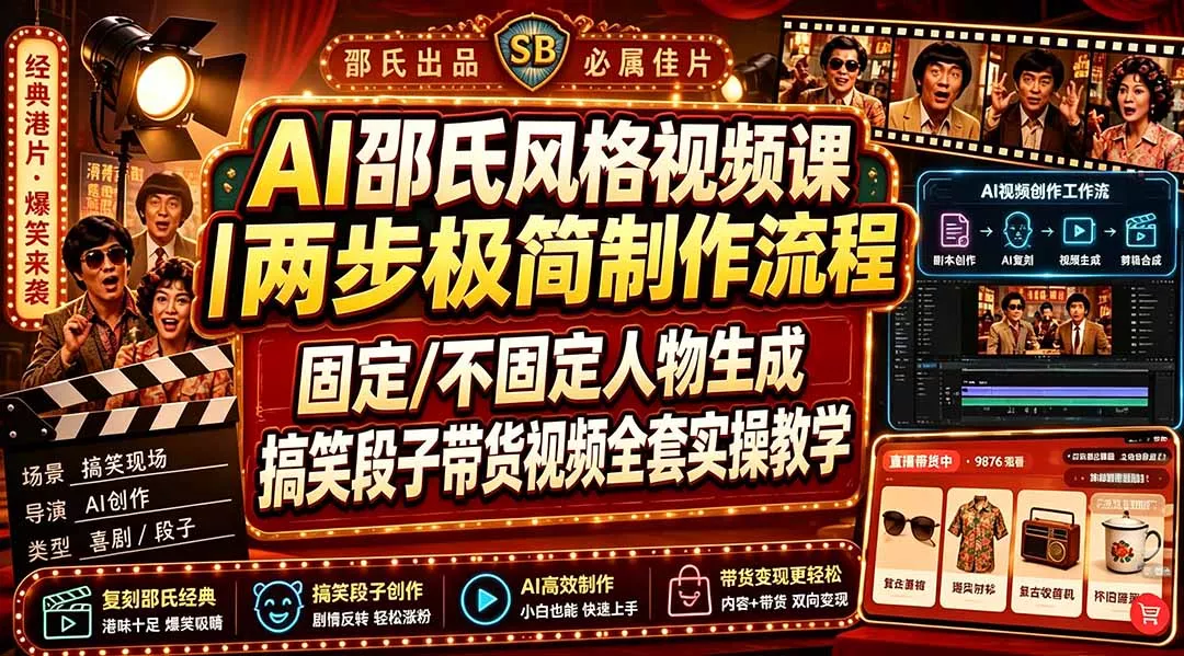 AI邵氏风格视频课｜两步极简制作流程，固定/不固定人物生成，搞笑段子带货视频全套实操教学 - 52网创-52网创