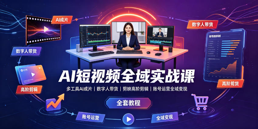 AI短视频全域实战课｜多工具AI成片、数字人带货、剪映高阶剪辑、账号运营全域变现全套教程 - 52网创-52网创