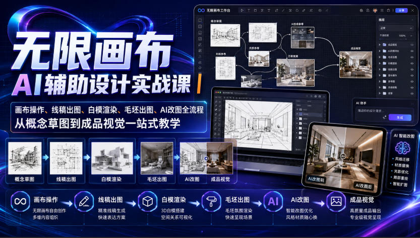 无限画布AI辅助设计实战课｜画布操作、线稿出图、白模渲染、毛坯出图、AI改图全流程，从概念草图到成品视觉一站式教学-52网创