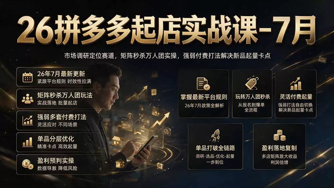 26拼多多起店实战课-7月｜市场调研定位赛道，矩阵秒杀万人团实操，强弱付费打法解决新品起量卡点 - 52网创-52网创
