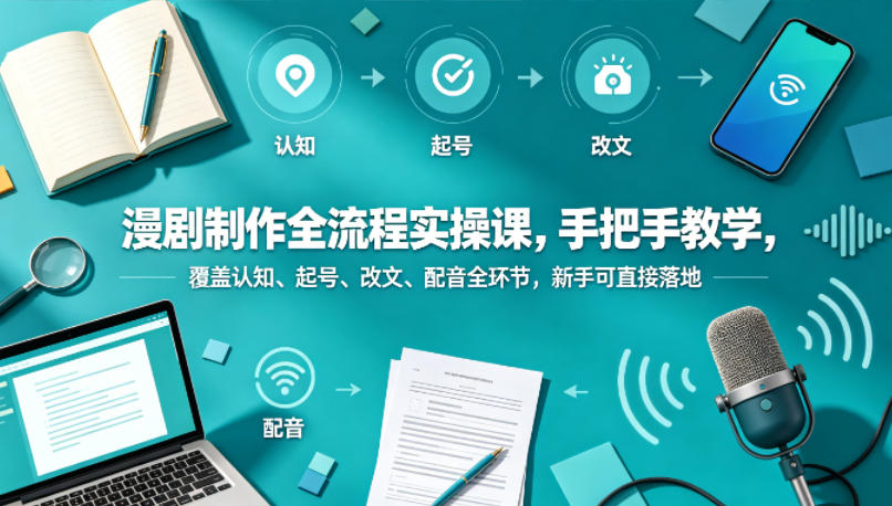 漫剧制作全流程实操课，手把手教学，覆盖认知、起号、改文、配音全环节，新手可直接落地-52网创