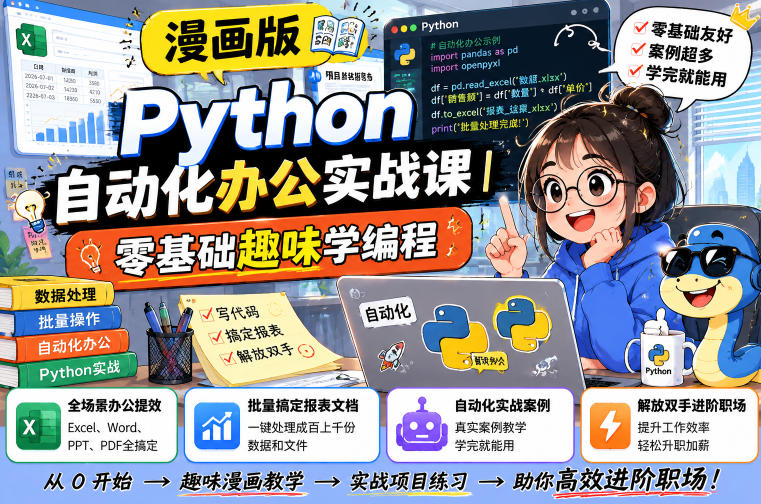 漫画版Python自动化办公实战课｜零基础趣味学编程，全场景办公提效、批量搞定报表文档、解放双手进阶职场-52网创