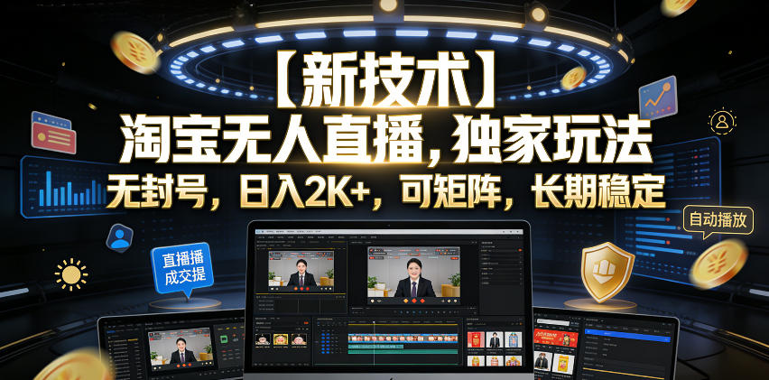 【新技术】淘宝无人直播，独家玩法，无封号，日入2K+，可矩阵，长期稳定【揭秘】 - 52网创-52网创