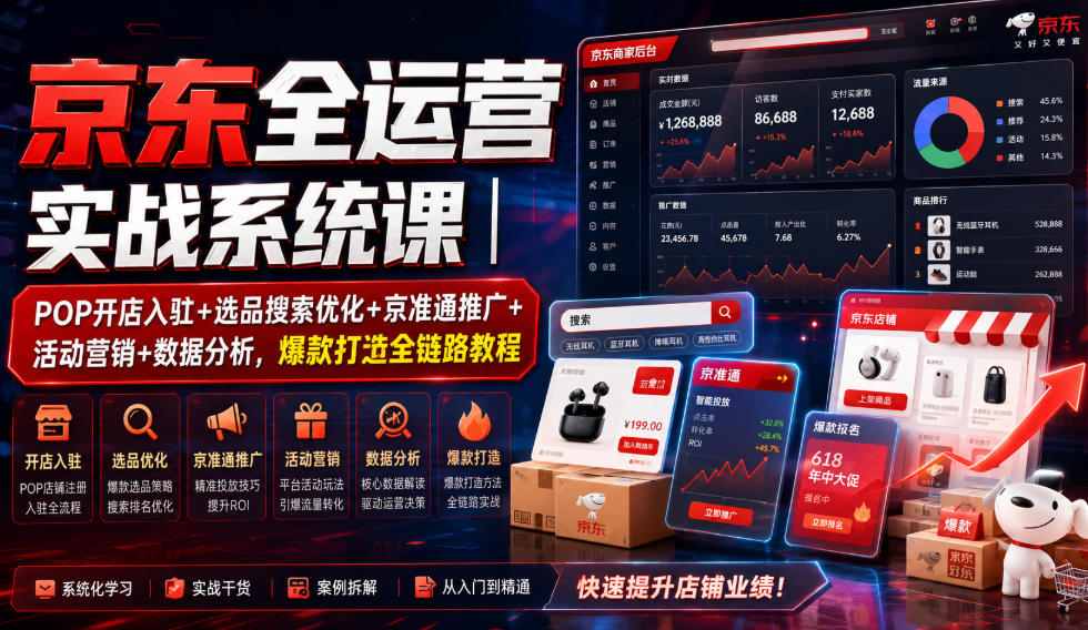 京东全运营实战系统课｜POP开店入驻+选品搜索优化+京准通推广+活动营销+数据分析，爆款打造全链路教程 - 52网创-52网创