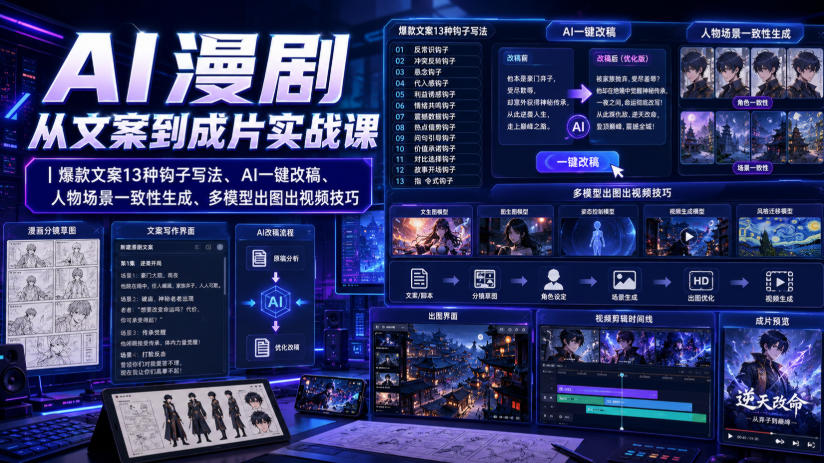 AI漫剧从文案到成片实战课｜爆款文案13种钩子写法、AI一键改稿、人物场景一致性生成、多模型出图出视频技巧-52网创