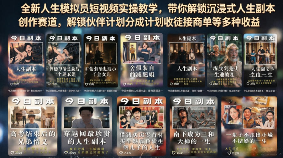 全新人生模拟员短视频实操教学，带你解锁沉浸式人生副本创作赛道，解锁伙伴计划分成计划收徒接商单等多种收益 - 52网创-52网创