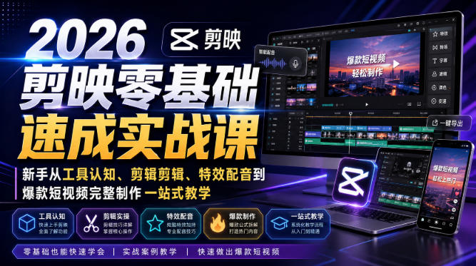 2026剪映零基础速成实战课｜新手从工具认知、剪辑剪辑、特效配音到爆款短视频完整制作一站式教学 - 52网创-52网创