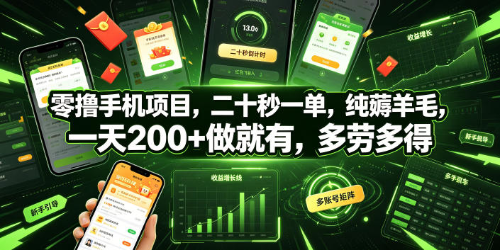 零撸手机项目，二十秒一单，纯薅羊毛，一天200+做就有，多劳多得【揭秘】 - 52网创-52网创