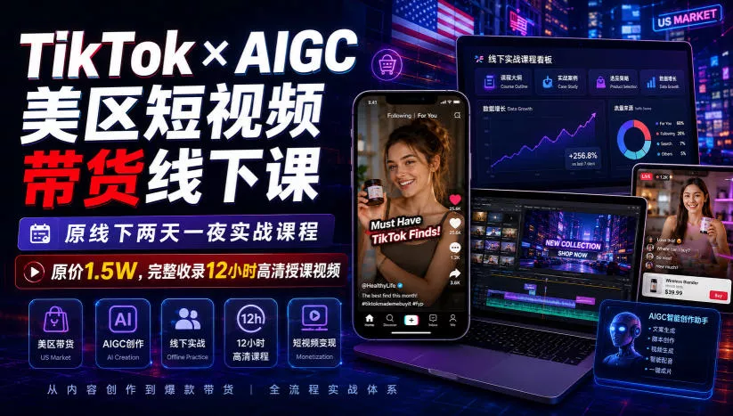 TikTok×AIGC美区短视频带货线下课，原线下两天一夜实战课程，原价1.5W，完整收录12小时高清授课视频 - 52网创-52网创