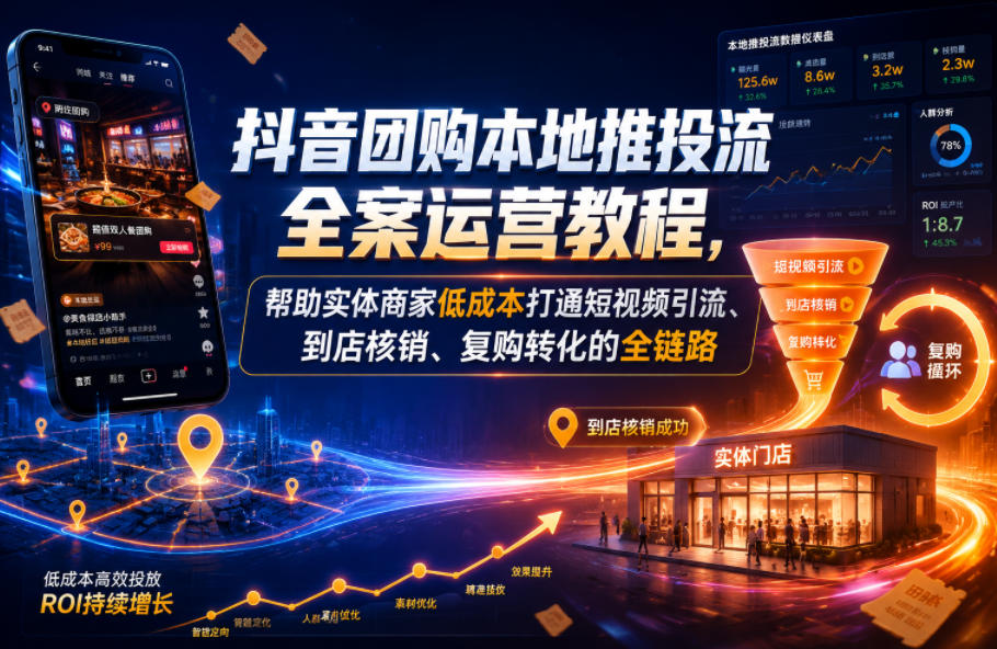 抖音团购本地推投流全案运营教程，帮助实体商家低成本打通短视频引流、到店核销、复购转化的全链路 - 52网创-52网创