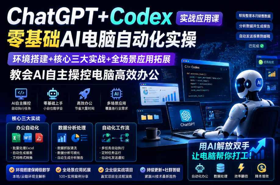 ChatGPT+Codex实战应用课｜零基础AI电脑自动化实操，环境搭建+核心三大实战+全场景应用拓展，教会AI自主操控电脑高效办公 - 52网创-52网创