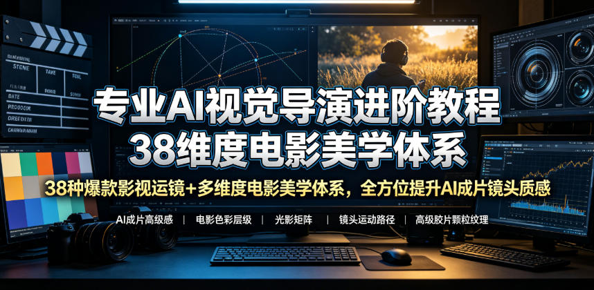 专业AI视觉导演进阶教程，38种爆款影视运镜+多维度电影美学体系，全方位提升AI成片高级感与镜头质感 - 52网创-52网创