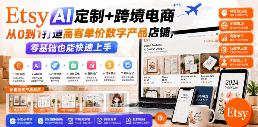 Etsy AI定制+跨境电商，从0到1打造高客单价数字产品店铺，零基础也能快速上手-52网创