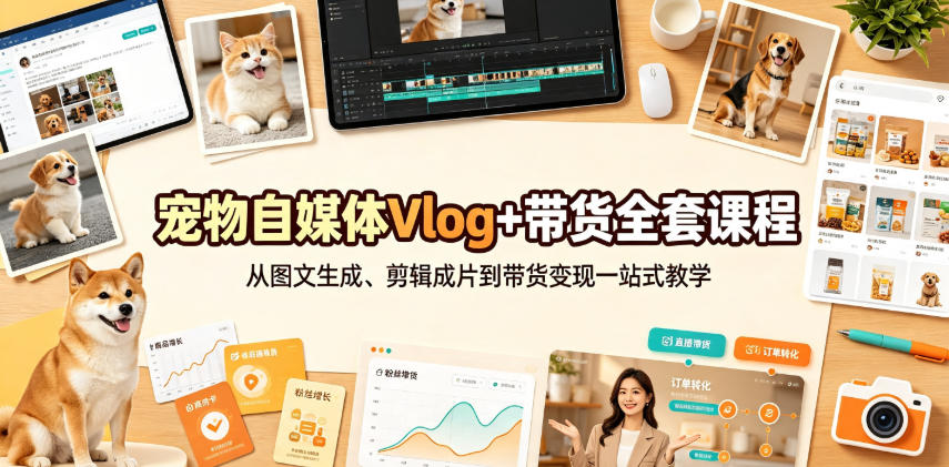 宠物自媒体Vlog+带货全套课程｜从图文生成、剪辑成片到带货变现一站式教学 - 52网创-52网创