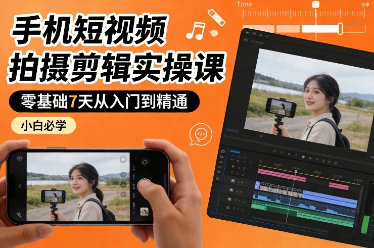 手机短视频拍摄剪辑实操课，零基础7天从入门到精通，小白必学-52网创