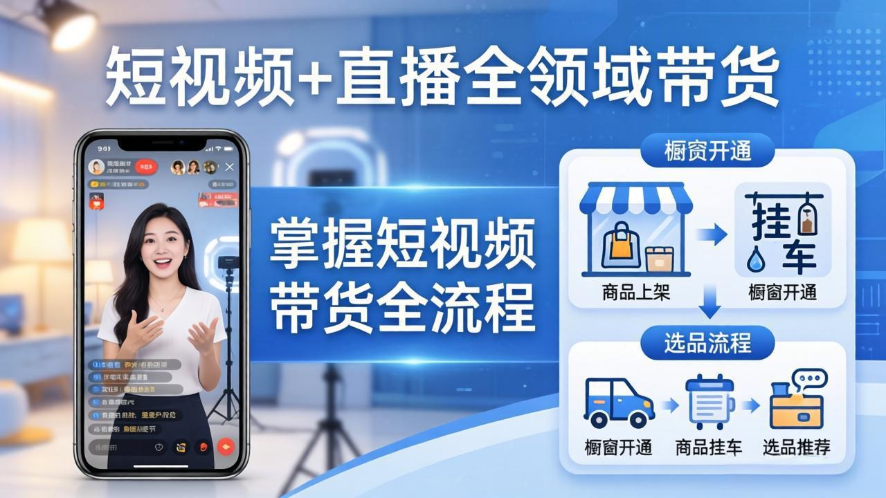 短视频+直播全领域带货：掌握橱窗开通、挂车、选品、爆款文案改编等短视频带货全流程 - 52网创-52网创