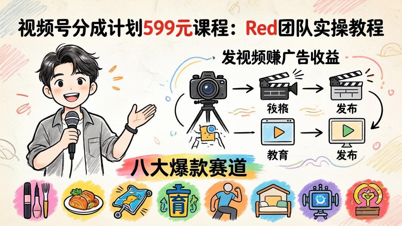 视频号分成计划599元课程：Red团队实操教程，发视频赚广告收益，八大爆款赛道全掌握 - 52网创-52网创