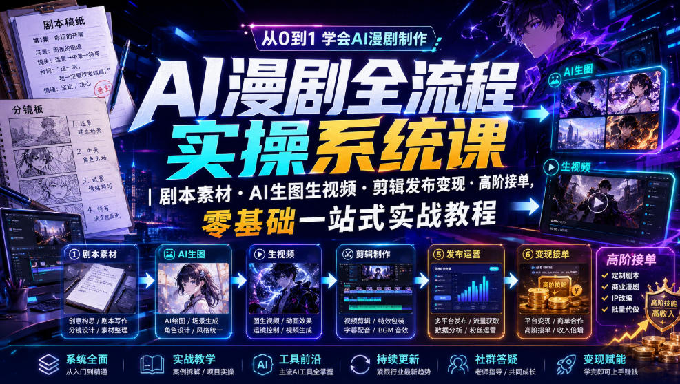 AI漫剧全流程实操系统课｜剧本素材・AI生图生视频・剪辑发布变现・高阶接单，零基础一站式实战教程 - 52网创-52网创