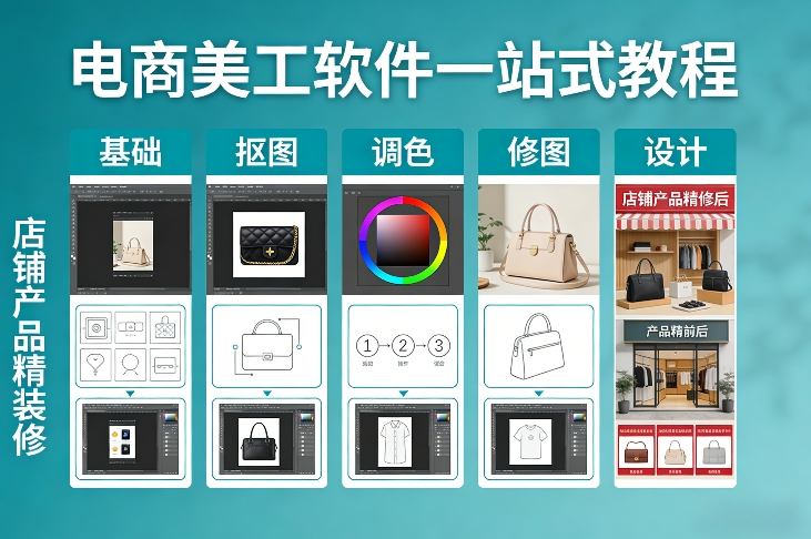 电商美工软件一站式教程，基础/抠图/调色/修图/设计，店铺产品精装修 - 52网创-52网创