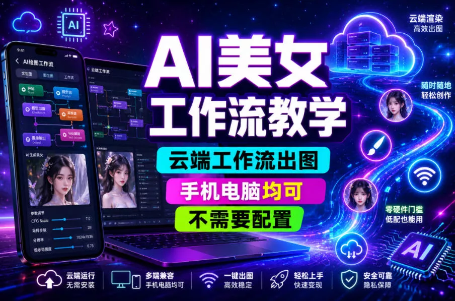 AI美女工作流教学，云端工作流出图，手机电脑均可，不需要配置，快速起号涨粉 - 52网创-52网创