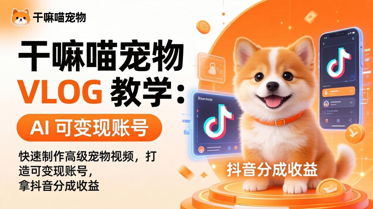 干嘛喵宠物 VLOG 教学：AI 快速制作高级宠物视频，打造可变现账号，拿抖音分成收益 - 52网创-52网创